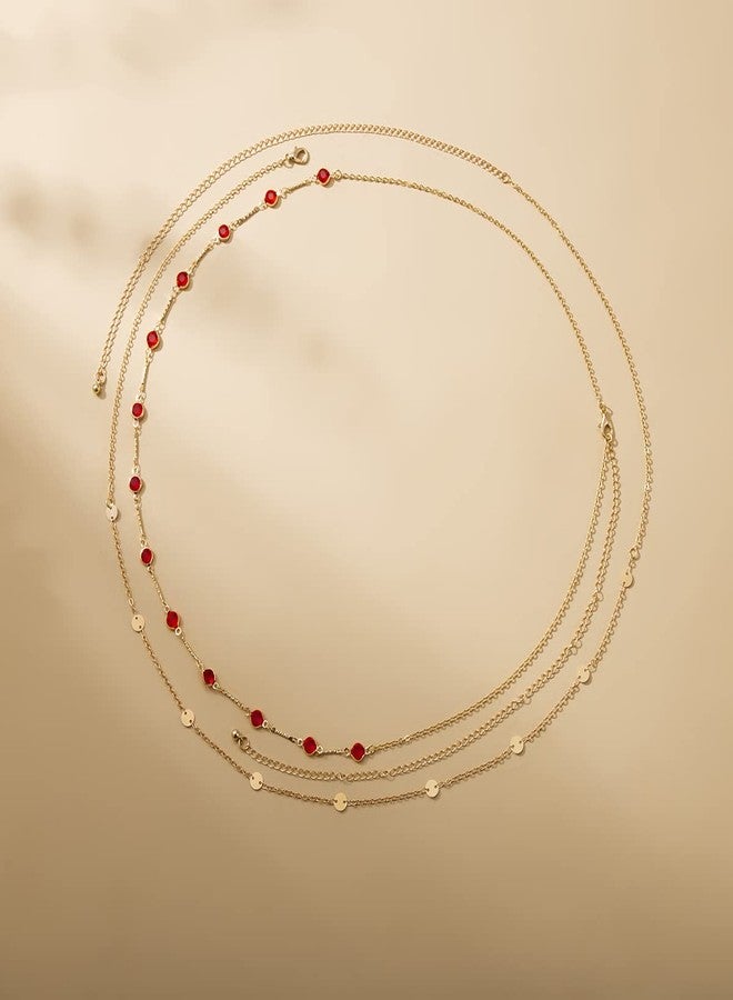 Aaishwarya Set of 2, Minimalist Golden with Red Rhinestones Thin Metallic Layered Waist Chain For Women And Girls | Stylish Kamarband, Hip Chain for Saree & Skirts - Image 3
