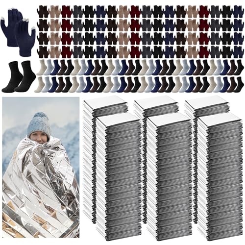 Jeere 180 Pcs Homeless Care Package Supplies Bulk Winter Emergency Thermal Blankets Warm Socks Touchscreen Gloves Space Blanket Survival for Cold Weather Outdoor for Men Women(Multi-Color) - Image 1