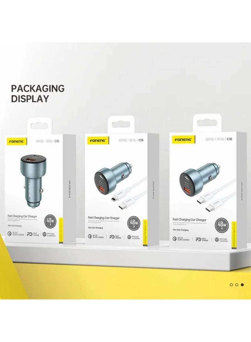 FONENG C18A+C 2-Port Car Charger 48W, Metal shell + secondary oxidation process Dual fast charging (PD30W+QC18W) stable and fast charging Built-in LCD digital display screen, calm anxiety - Image 5