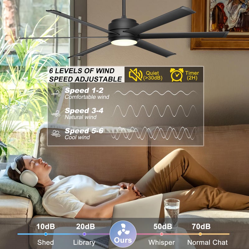 Ohniyou 60" Industrial Ceiling Fan with Lights - Remote & APP Control, Dimmable, DC Motor, Outdoor Fan with Aluminum Blades for Patio Living Room, Black - Image 2