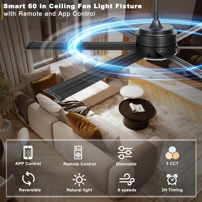 Ohniyou 60" Industrial Ceiling Fan with Lights - Remote & APP Control, Dimmable, DC Motor, Outdoor Fan with Aluminum Blades for Patio Living Room, Black - Image 3