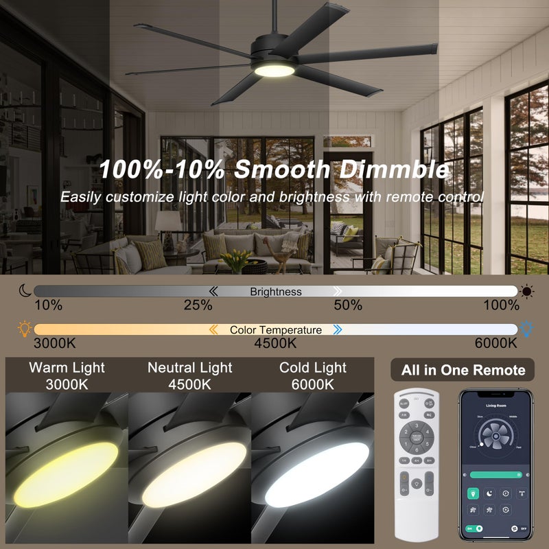 Ohniyou 60" Industrial Ceiling Fan with Lights - Remote & APP Control, Dimmable, DC Motor, Outdoor Fan with Aluminum Blades for Patio Living Room, Black - Image 5