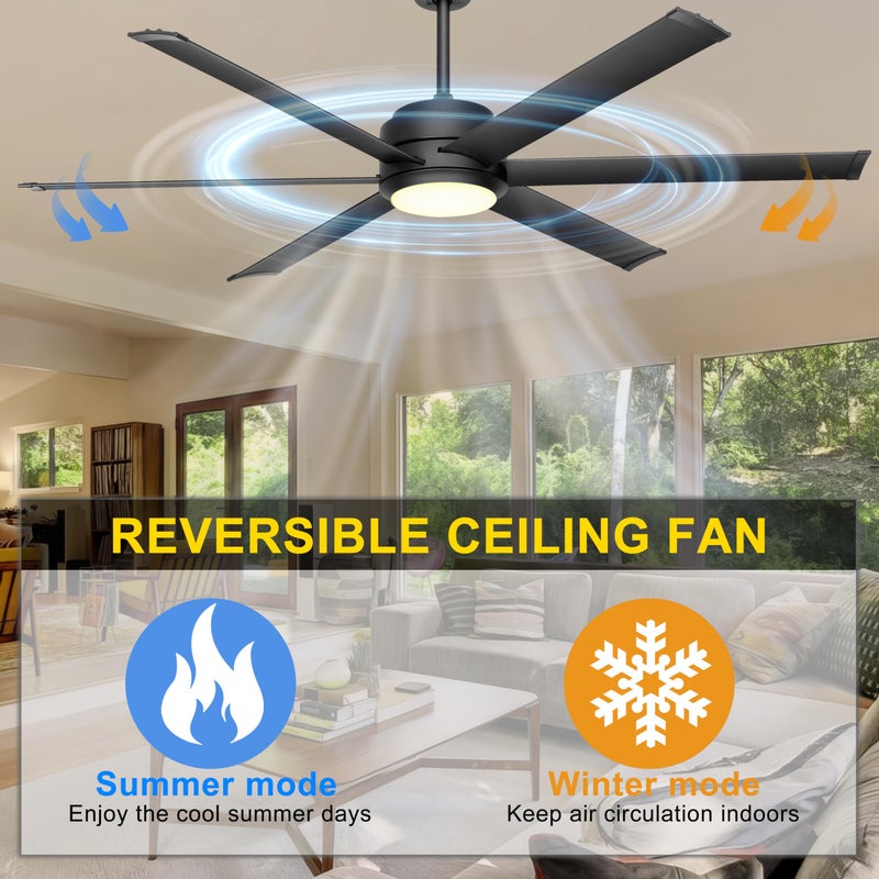 Ohniyou 60" Industrial Ceiling Fan with Lights - Remote & APP Control, Dimmable, DC Motor, Outdoor Fan with Aluminum Blades for Patio Living Room, Black - Image 4