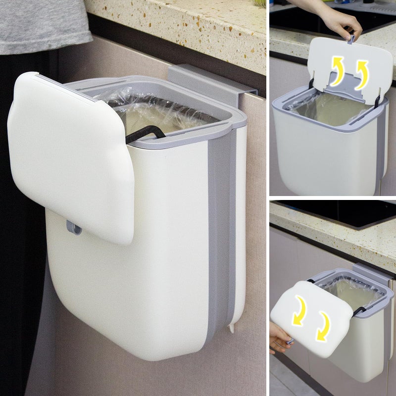 Soddeph 3.2 Gallon Foldable Hanging Trash Can with Lid for Cabinet Door,Kitchen Compost Bin,Wall-Mounted Plastic Garbage Can for Countertop or Under Sink, Bathroom and RV (Beige with lid) - Image 1