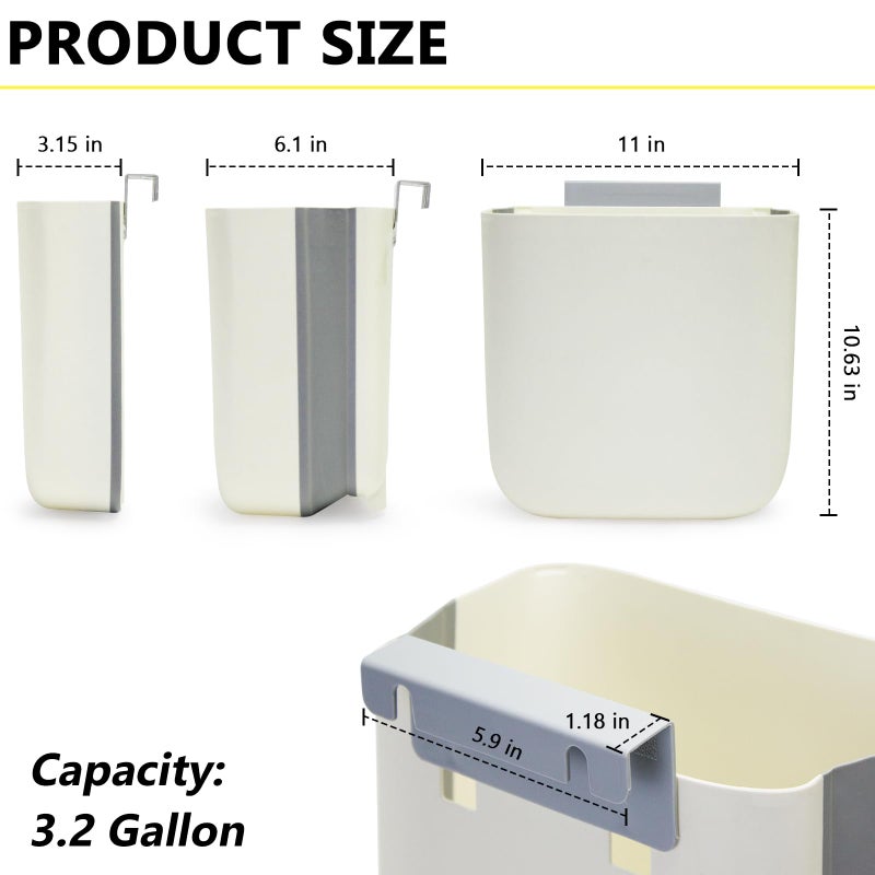 Soddeph 3.2 Gallon Foldable Hanging Trash Can with Lid for Cabinet Door,Kitchen Compost Bin,Wall-Mounted Plastic Garbage Can for Countertop or Under Sink, Bathroom and RV (Beige with lid) - Image 2