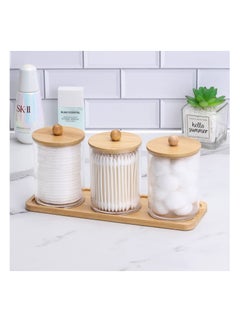 MahMir MahMir Bathroom Jars Qtip Holder Apothecary Jars Acrylic Cotton Ball Holder Clear Bathroom Canisters with Bamboo Lids for Cotton Swab Cotton Brush 3 Jars and 1 Tray Pack  - Image 5
