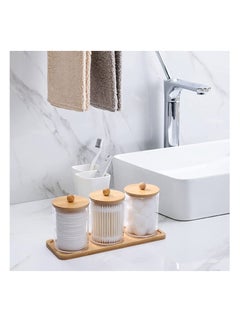 MahMir MahMir Bathroom Jars Qtip Holder Apothecary Jars Acrylic Cotton Ball Holder Clear Bathroom Canisters with Bamboo Lids for Cotton Swab Cotton Brush 3 Jars and 1 Tray Pack  - Image 4