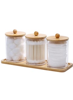 MahMir MahMir Bathroom Jars Qtip Holder Apothecary Jars Acrylic Cotton Ball Holder Clear Bathroom Canisters with Bamboo Lids for Cotton Swab Cotton Brush 3 Jars and 1 Tray Pack  - Image 1