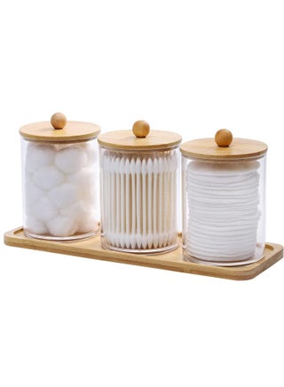 MahMir Bathroom Jars Qtip Holder Apothecary Jars Acrylic Cotton Ball Holder Clear Bathroom Canisters with Bamboo Lids for Cotton Swab Cotton Brush 3 Jars and 1 Tray Pack