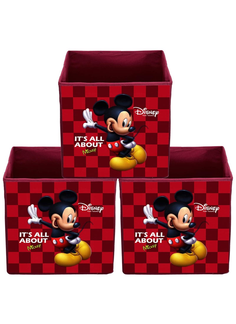 Kuber Industries Kuber Industries Disney Mickey Mouse Print Non Woven Fabric Foldable Cube Cloth Toy, Books Storage Box Wardrobe Organiser with Handle (Maroon, Large, 3 Pieces)  - Image 1
