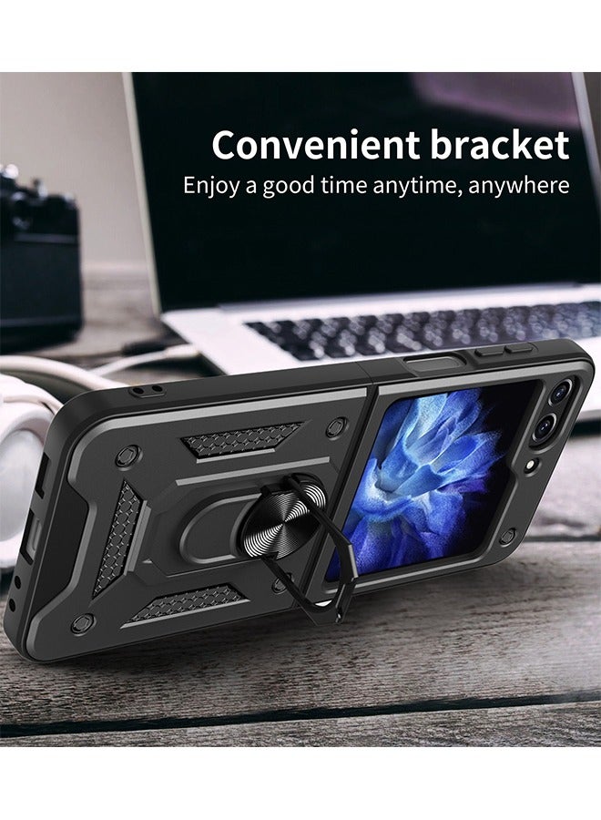 فزاع Samsung Galaxy Z Flip 5 Case with Built in Rotatable Magnetic Ring Holder Kickstand, Heavy Duty Shockproof Protective Armor Phone Cover for Women men, Black - Image 5