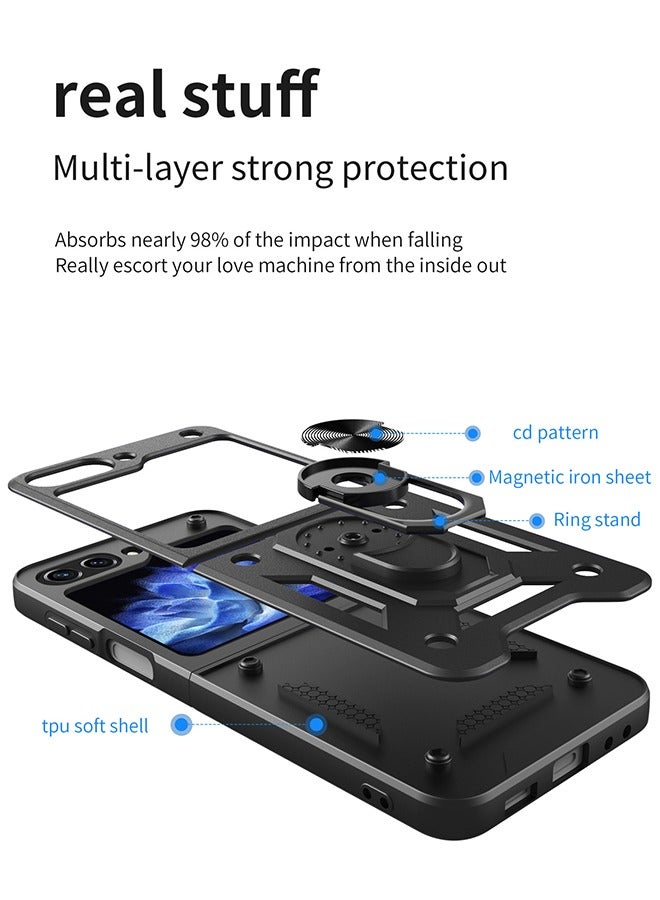 فزاع Samsung Galaxy Z Flip 5 Case with Built in Rotatable Magnetic Ring Holder Kickstand, Heavy Duty Shockproof Protective Armor Phone Cover for Women men, Black - Image 3