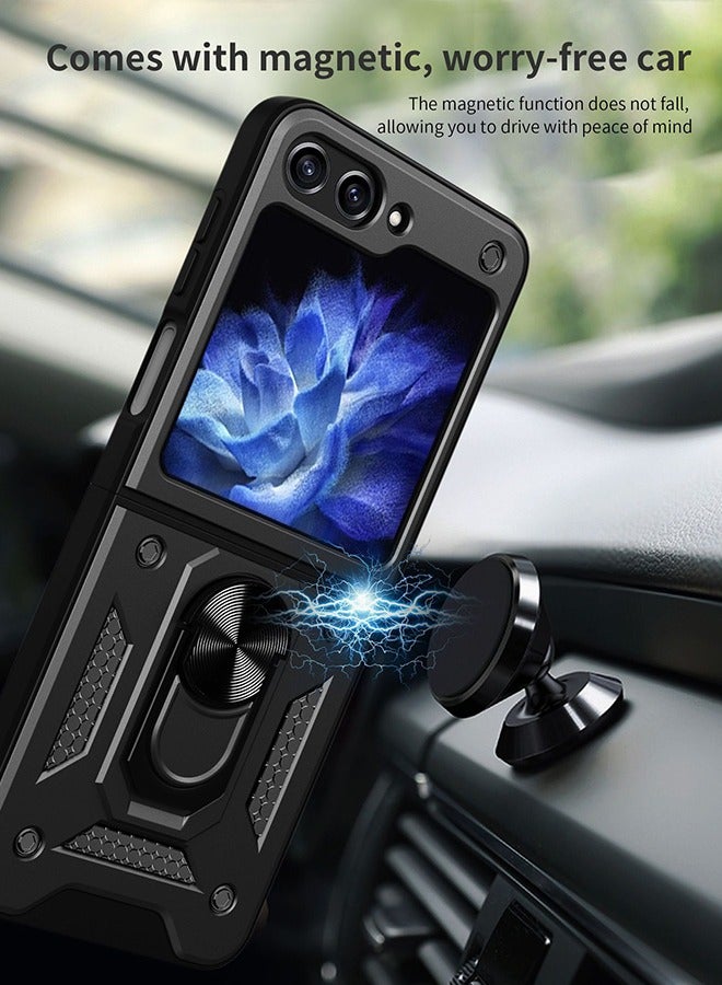 فزاع Samsung Galaxy Z Flip 5 Case with Built in Rotatable Magnetic Ring Holder Kickstand, Heavy Duty Shockproof Protective Armor Phone Cover for Women men, Black - Image 4