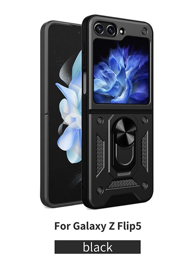 فزاع Samsung Galaxy Z Flip 5 Case with Built in Rotatable Magnetic Ring Holder Kickstand, Heavy Duty Shockproof Protective Armor Phone Cover for Women men, Black - Image 1