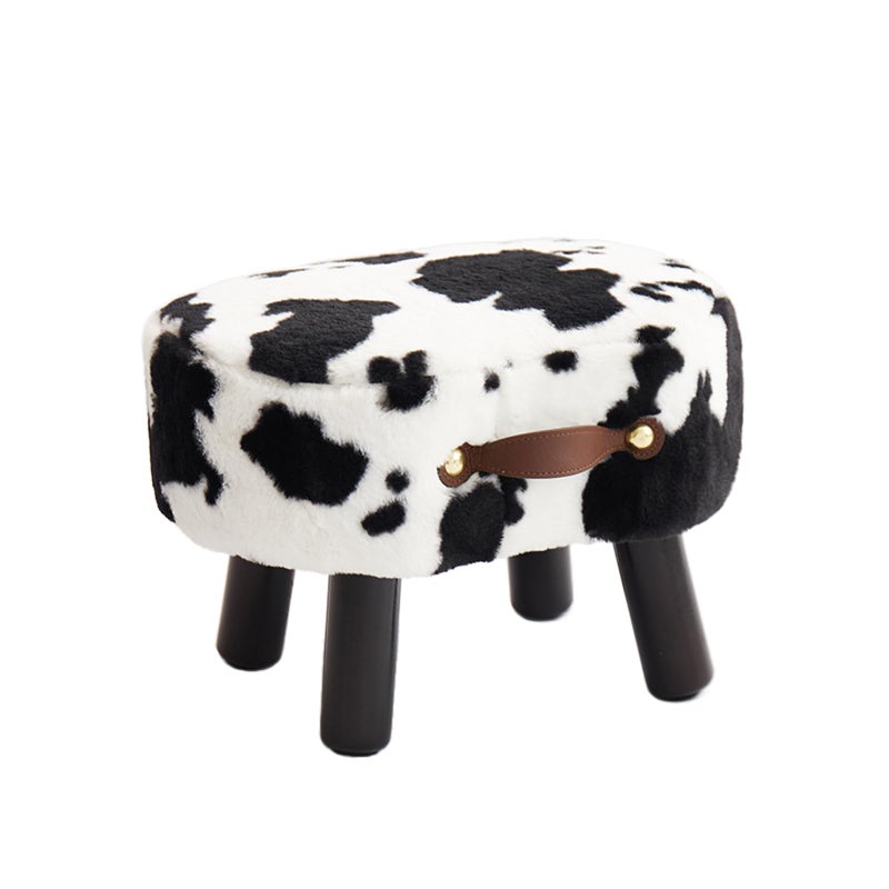 Small Footstool with Handle Faux Fur Ottoman Foot Rest with Padded Seat Curved Foot Stool with Wooden Legs Portable Foot Rest for Living Room Bedroom Entryway Cow