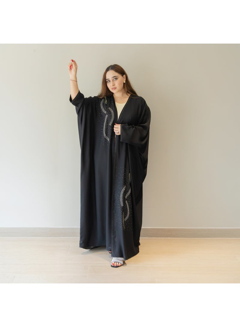 LINELLE عباءة لينيل الفاخرة السوداء المزينة للنساء - أنيقة بتصميم مفتوح من الأمام وأكمام باتوينغ، ملابس يومية ومناسبات محتشمة - Image 1