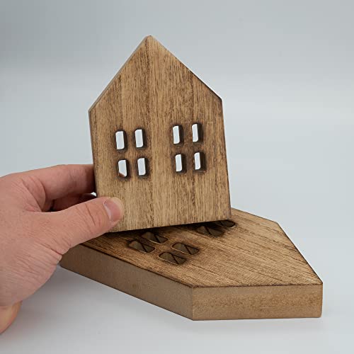 Melostu House Shaped Wooden Sign Block Farmhouse Home Sign Tiered Tray Decor 2 Pack (Brown) - Image 4