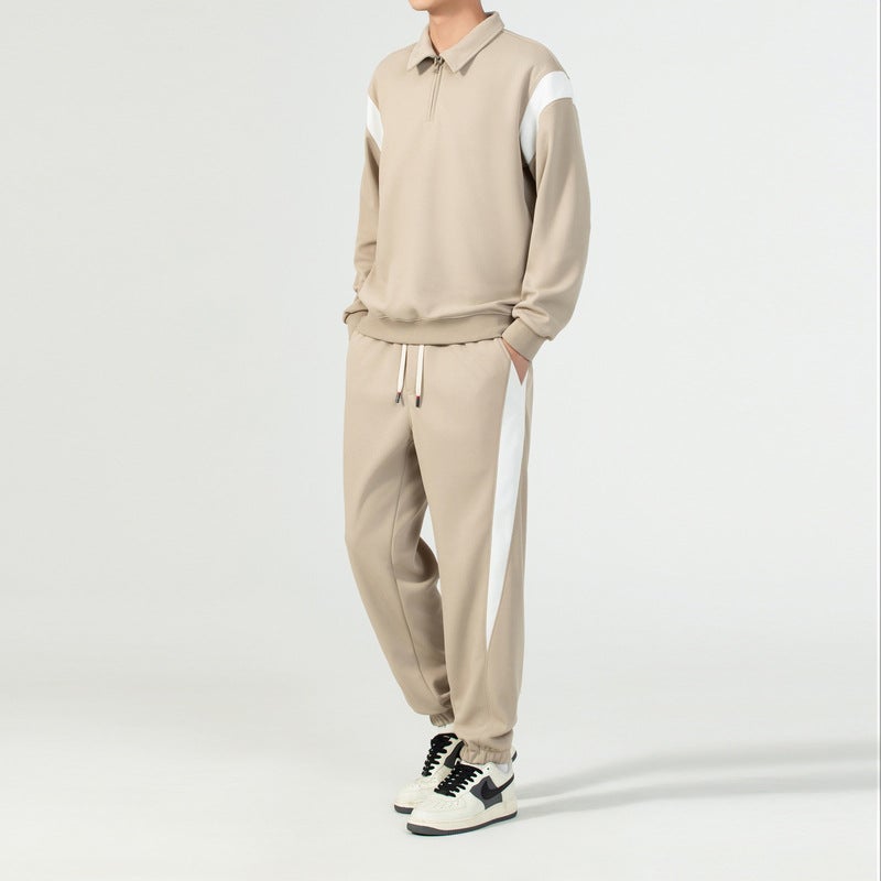 Autumn New Sweater suit Mens Casual Top Lapel Pullover Zipper Shirt Stitching Long Sleeve Trousers Loose Khaki