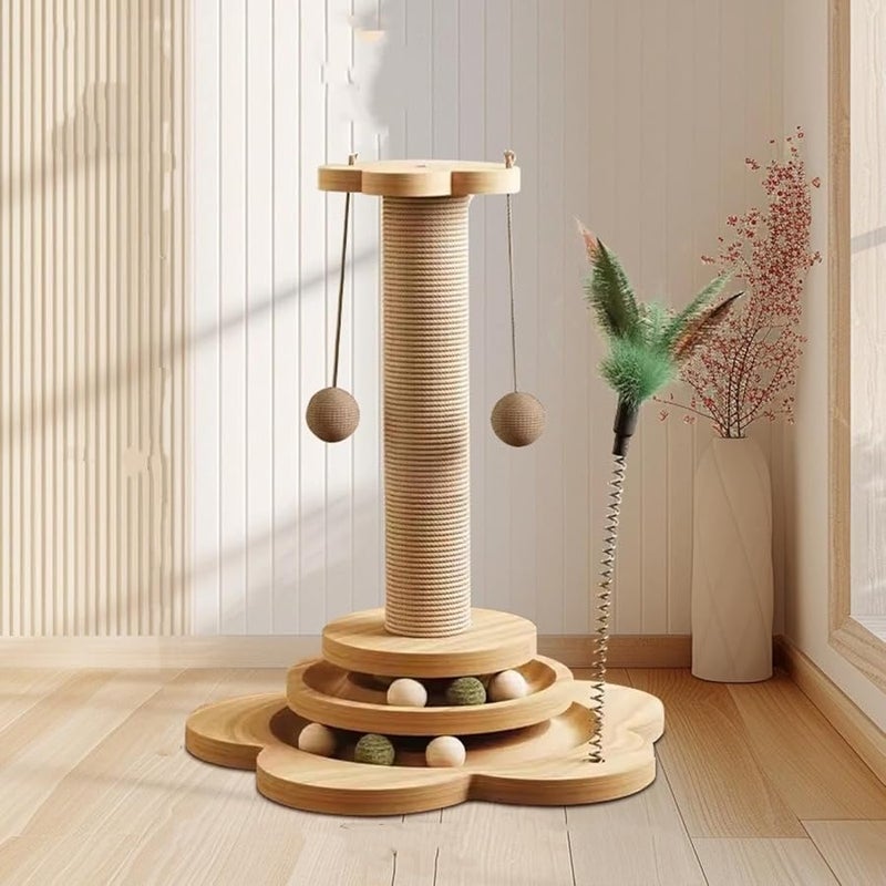 Solid Wood Cat Scratching Board Toy with Teasing Stick and Turntable Size 24x40cm - Image 1