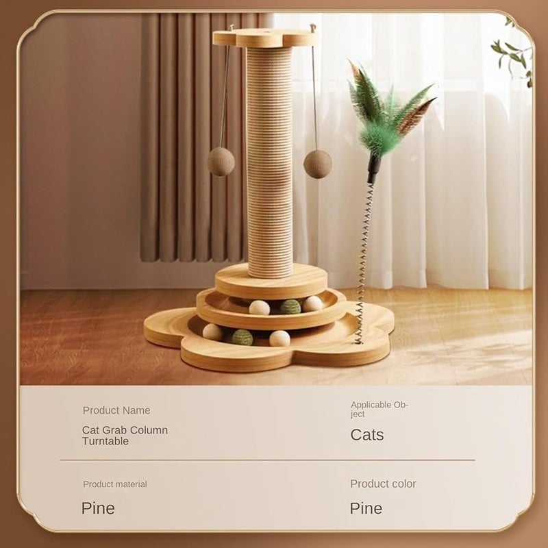 Solid Wood Cat Scratching Board Toy with Teasing Stick and Turntable Size 24x40cm - Image 3