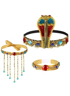 Excefore Egyptian Headpiece Costume Accessories, 3Pcs Egyptian Metal Headpiece Snake Beaded, Beaded Tassel Necklace, Crystal Bracelet for Women Girls  - Image 1