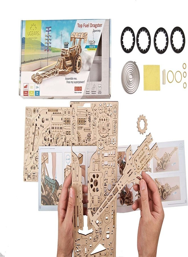 UGEARS Dragster Car Model Kit - Top Fuel Dragster Model Kits 3D Puzzle with Powerful Spring Motor - Drag Racing Model Car Kits 3D Puzzles for Self-Assembly - 3D Wooden Puzzles for Adults and Kids - Image 4