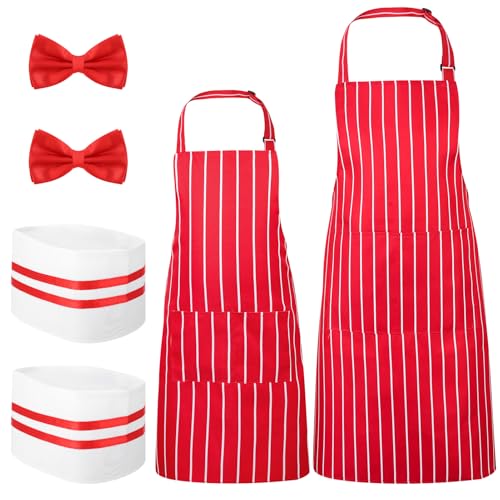 XLSXEXCL 6 Pcs 1950s Waiter Costume Kit Soda Jerk Costume Kit Red and White Striped Apron with 2 Pockets Chef Hat Adjustable Red Bow Ties Accessories for Circus Carnival Party Full Style - Image 1