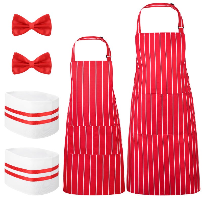 XLSXEXCL 6 Pcs 1950s Waiter Costume Kit Soda Jerk Costume Kit Red and White Striped Apron with 2 Pockets Chef Hat Adjustable Red Bow Ties Accessories for Circus Carnival Party Full Style - Image 2