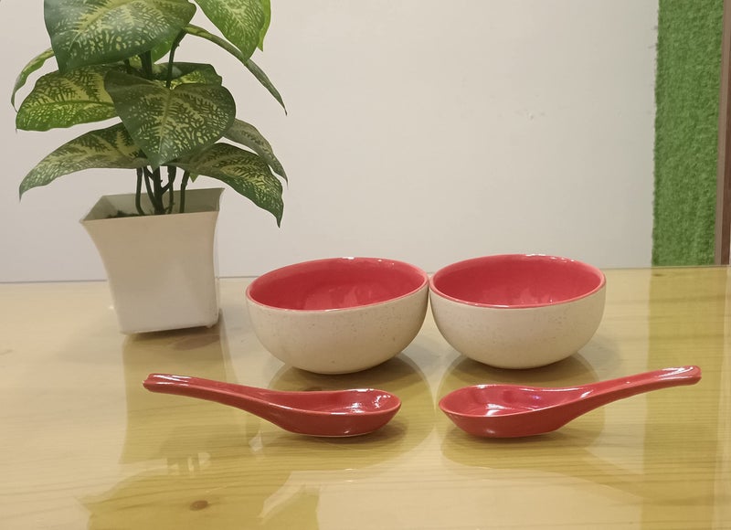 Caffeine Premium Stoneware Ceramic Handmade red & White Matte Soup Bowl with Spoon (Set of 4) - Image 3