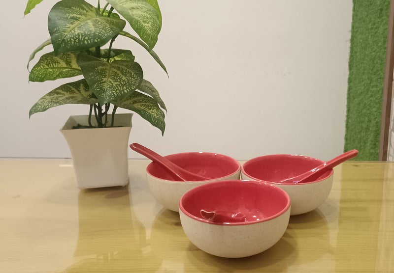 Caffeine Premium Stoneware Ceramic Handmade red & White Matte Soup Bowl with Spoon (Set of 4) - Image 4