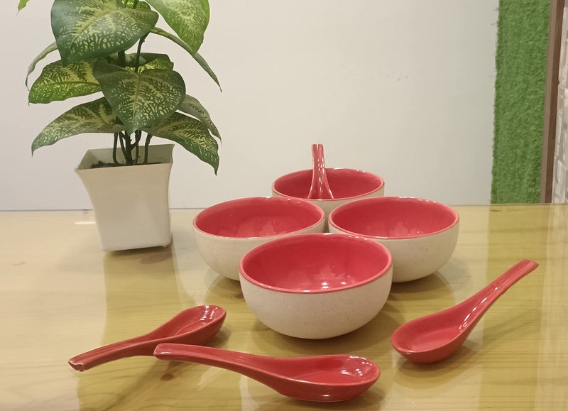 Caffeine Premium Stoneware Ceramic Handmade red & White Matte Soup Bowl with Spoon (Set of 4) - Image 2