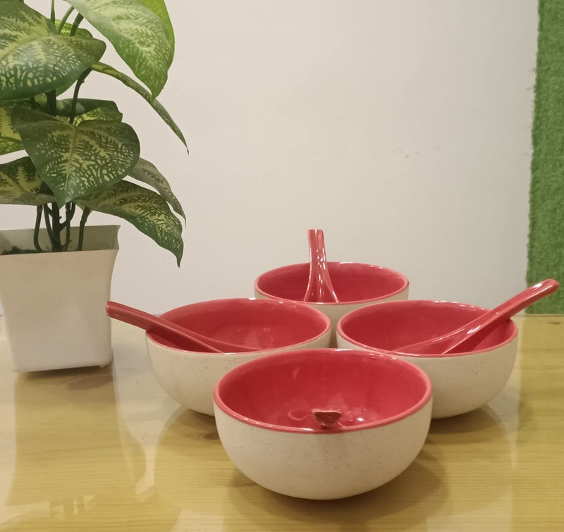 Caffeine Premium Stoneware Ceramic Handmade red & White Matte Soup Bowl with Spoon (Set of 4) - Image 1