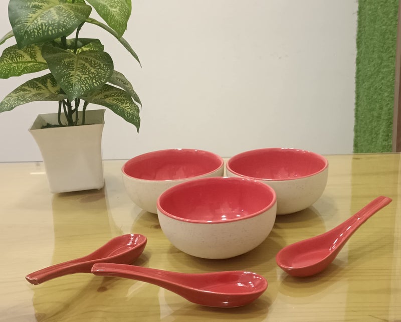 Caffeine Premium Stoneware Ceramic Handmade red & White Matte Soup Bowl with Spoon (Set of 4) - Image 5