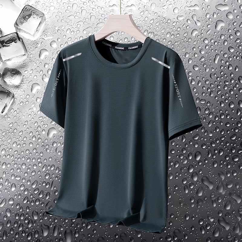 [Quick Delivery] Summer Ice Silk T-Shirt Mens Round Neck Quick-drying Clothes Short-sleeved Breathable plus size Top Mens Sports Loose Pure gray [butterfly net connecting rod]