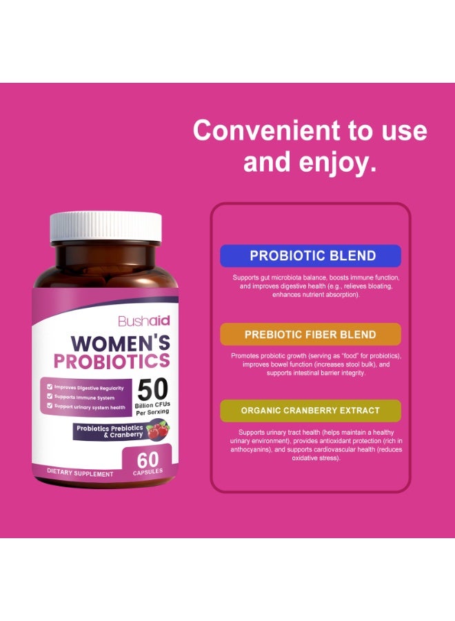 Bushaid Women's Probiotic Capsules 60 Capsules - 50 Billion Live Bacteria + Cranberry for Gut Health - Image 2