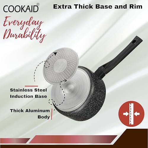 Cookaid Neo Glide Series Non Stick PTFE Sauce pan 16 cm| Aluminium Body| Non Stick PTFE| Gas & Induction Compatible| ISI Certified | 1.5 LTR - Black - Image 3