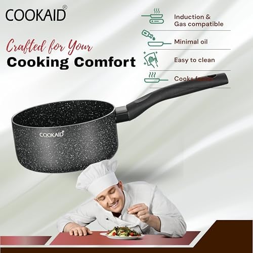 Cookaid Neo Glide Series Non Stick PTFE Sauce pan 16 cm| Aluminium Body| Non Stick PTFE| Gas & Induction Compatible| ISI Certified | 1.5 LTR - Black - Image 4