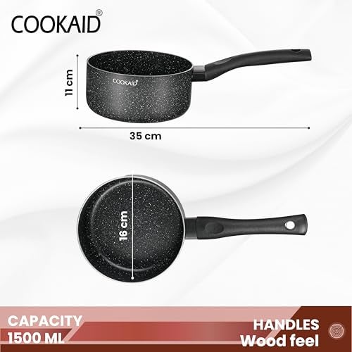 Cookaid Neo Glide Series Non Stick PTFE Sauce pan 16 cm| Aluminium Body| Non Stick PTFE| Gas & Induction Compatible| ISI Certified | 1.5 LTR - Black - Image 2