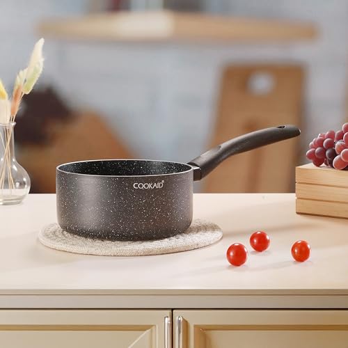 Cookaid Neo Glide Series Non Stick PTFE Sauce pan 16 cm| Aluminium Body| Non Stick PTFE| Gas & Induction Compatible| ISI Certified | 1.5 LTR - Black - Image 1