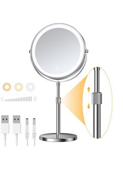 Lighted Makeup Mirror With Height Adjustable 8.5” Rechargeable Led Magnifying Mirror With 3 Dimmable Colors 1X 10X Double Sided Vanity Mirror With Lights 360° Rotation Touch Screen Makeup Mirror