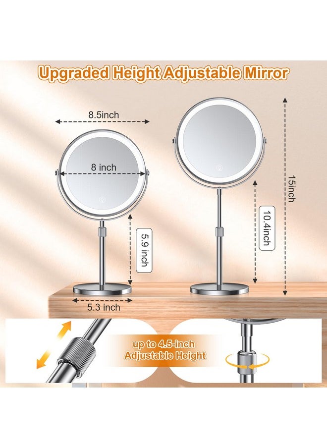 Miyoko - Lighted Makeup Mirror With Height Adjustable 8.5” Rechargeable Led Magnifying Mirror With 3 Dimmable Colors 1X 10X Double Sided Vanity Mirror With Lights 360° Rotation Touch Screen Makeup Mirror - Image 1
