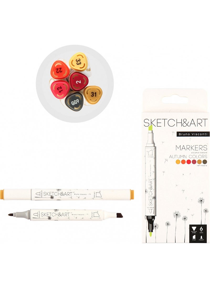 Bruno Visconti - 'Sketch Art' Double Sided Markers 6 Colors Autumn - Image 1