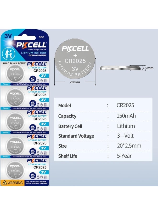 PKCELL CR 2025 Batteries CR2025 3V Lithium Battery (5-Pack) - Image 5