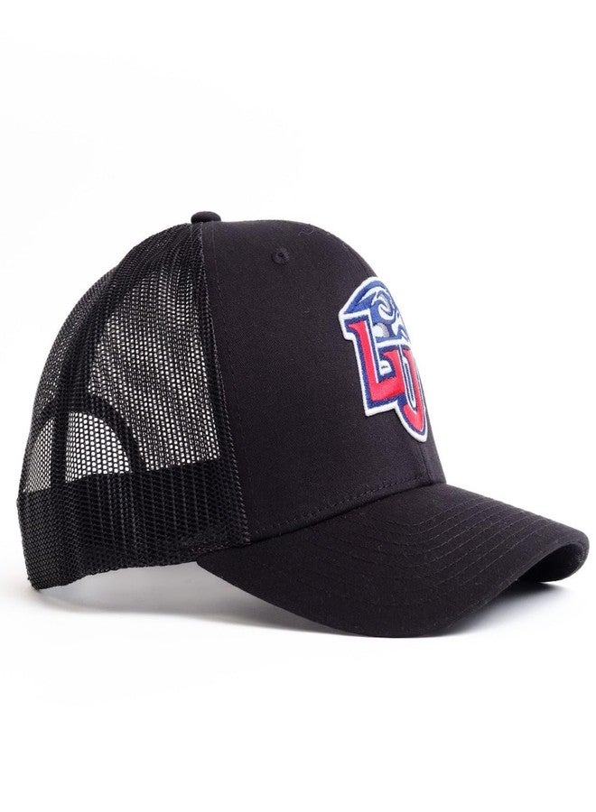 Nudge Printing Liberty Hat LU Flames Trucker Hat Adjustable Snapback Liberty University Embroidered Patch Mens Baseball Cap (Black Front with Black Mesh) - Image 2