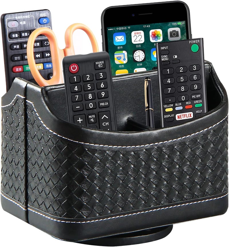 PUSU Remote Control Holder PU Leather 360 Degrees Rotatable Desktop Supply Organizer Storage Box for Controllers Media Stationery Nightstand TV Caddy E-reader iPad Phone Pen/Pencil Cosmetic - Image 1