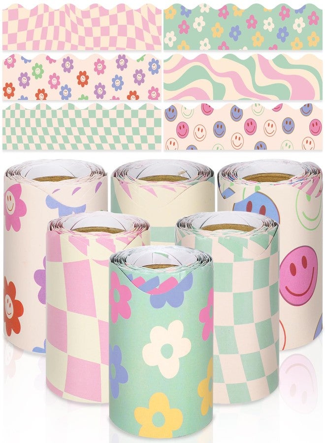 Whaline 196.8ft Pastel Boho Bulletin Board Borders Daisy Flower Checkered Groovy Die-Cut Rolled Board Trim for School Classroom Office Chalkboard, 6 Rolls - Image 1