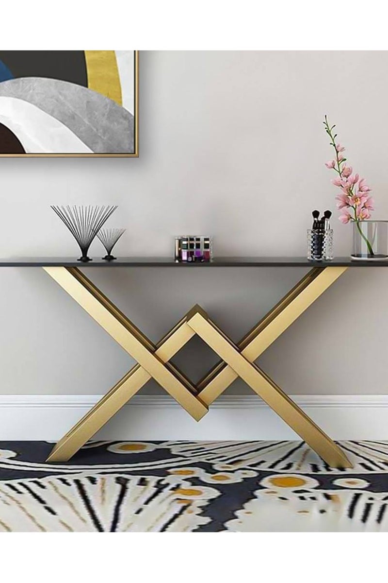 كونسول بشكل عصرى مميز هيكل ستيل ذهبى بشكل هرمى سطح زجاجى اسود