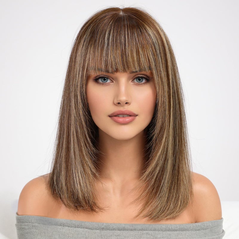 KKU 16 Inch Brown Mixed Blonde Human Hair Wigs for WomenLayered Straight Hair Wig with BangsWear Natural Realism - Image 2