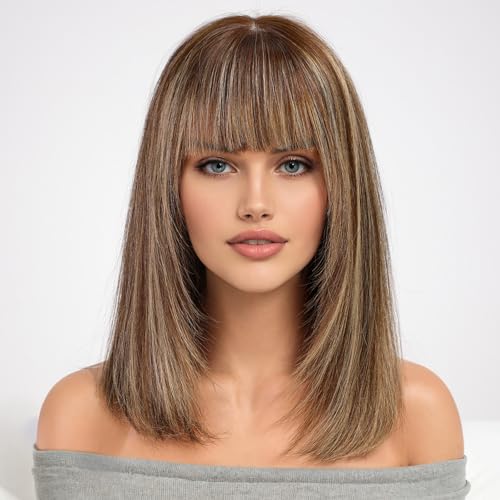 KKU 16 Inch Brown Mixed Blonde Human Hair Wigs for WomenLayered Straight Hair Wig with BangsWear Natural Realism - Image 1