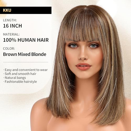 KKU 16 Inch Brown Mixed Blonde Human Hair Wigs for WomenLayered Straight Hair Wig with BangsWear Natural Realism - Image 3